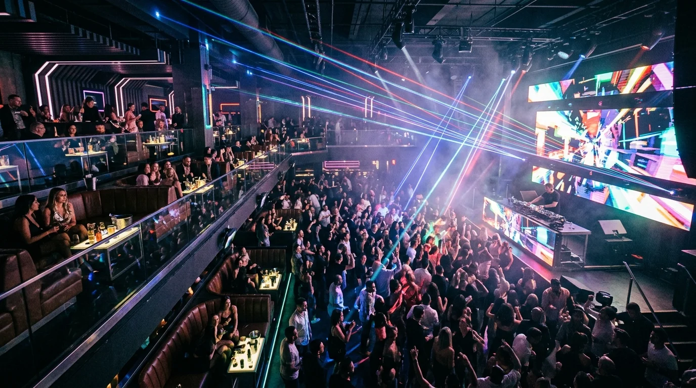 Stage view across a high-energy nightclub dance floor with beam lighting and an LED screen