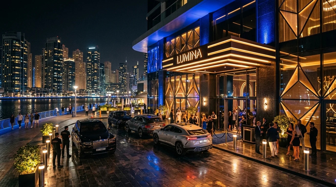 Modern nightclub entrance exterior along the Dubai Water Canal with valet parking signage and ambient lighting