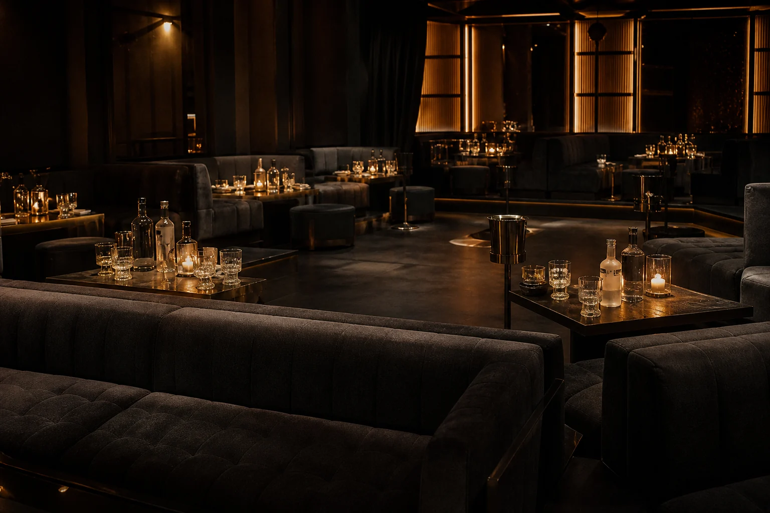 Interior view of lower floor and raised table seating at Club One Nightclub Dubai on Marasi Drive. A wide shot showing plush seating, warm lighting, and luxury table setups inside a Business Bay venue.