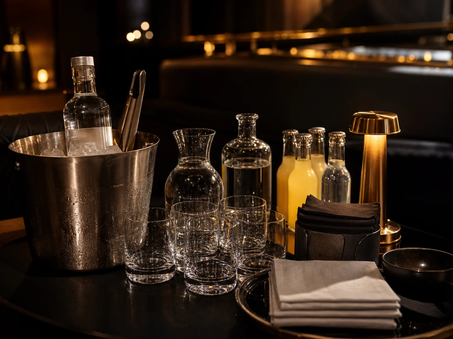 VIP table service presentation featuring bottle service and premium shisha in a private suite. A detailed close-up of table arrangements, glassware, and illuminated service displays.
