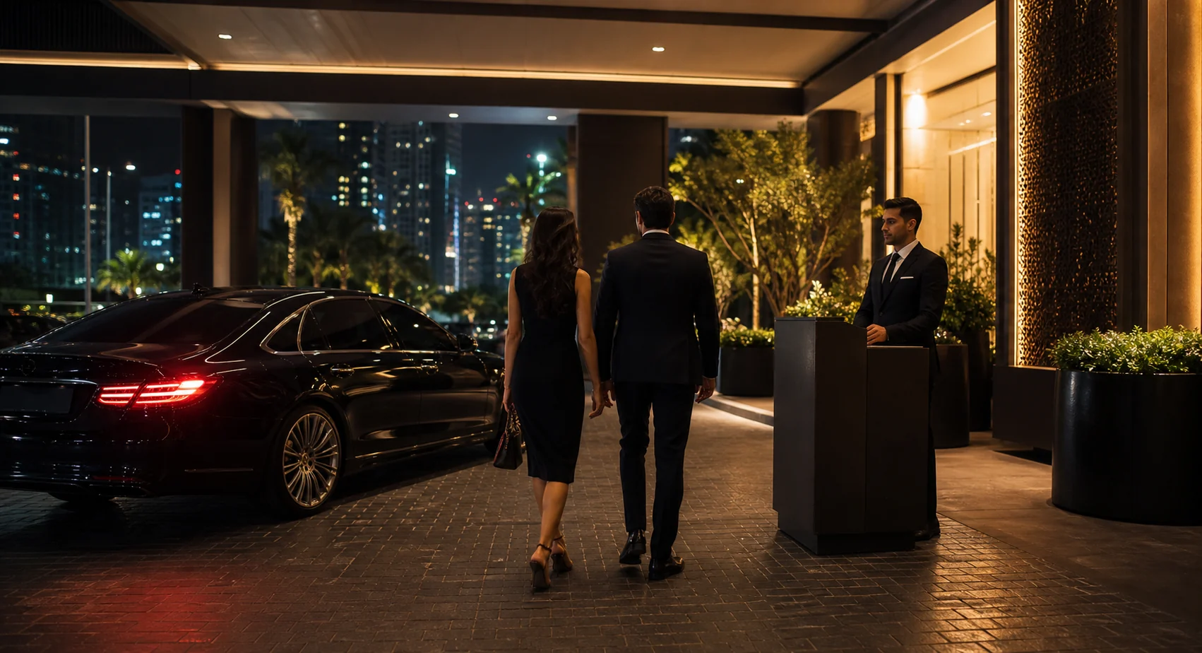 Guests arriving at the Business Bay entrance with valet parking service available along the Dubai Water Canal. A night shot displaying the exterior venue lighting and entrance area.