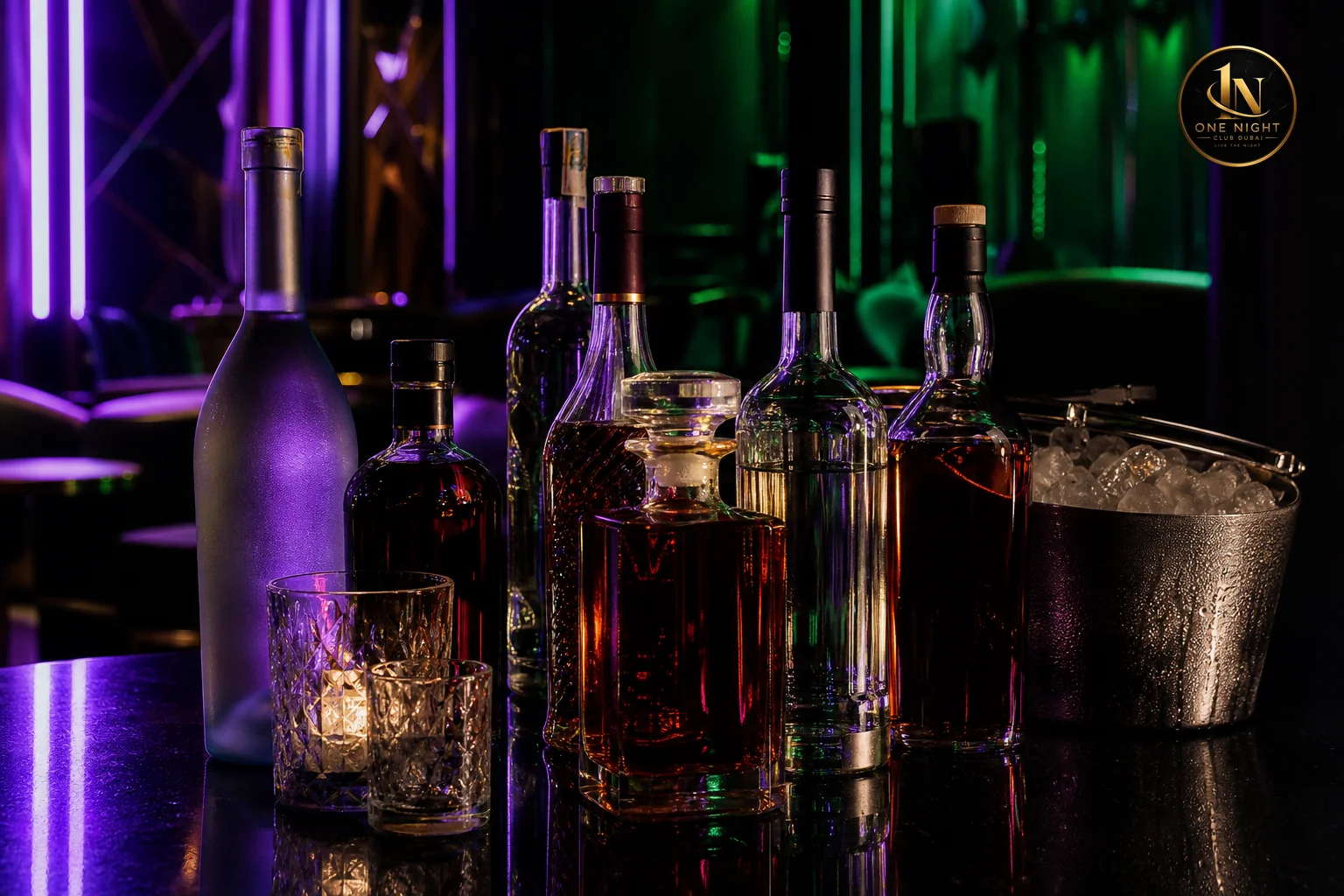 Close-up comparison of premium versus standard spirit bottles on a nightclub table representing pricing tiers. Photorealistic close-up photo of an assortment of premium spirit bottles of varying sizes and labels arranged on a reflective