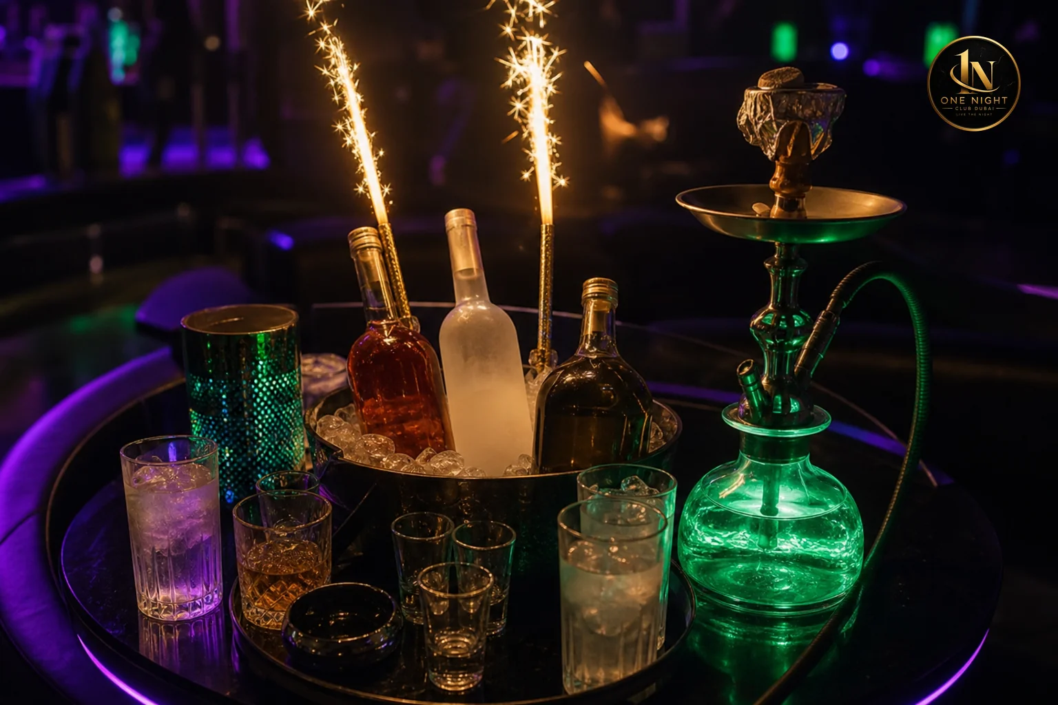 Bottle service presentation and shisha setup at a VIP nightclub table. Photorealistic close-up photograph of an elegant bottle service presentation on a nightclub VIP table, premium spirit bottles with LED sparkler candles, a modern shisha