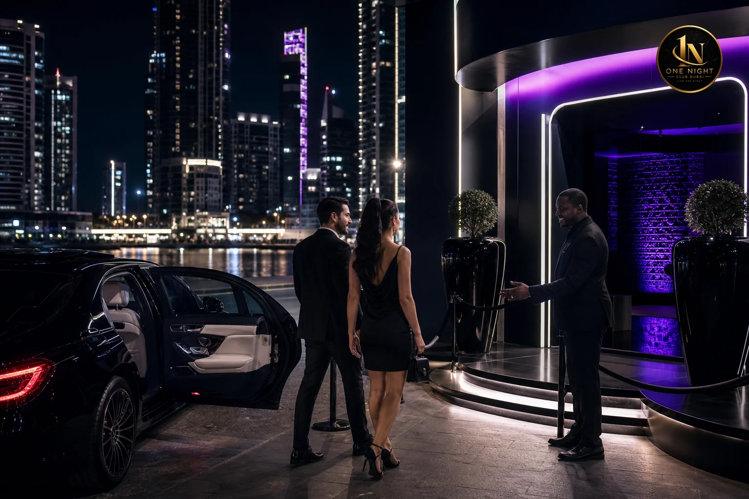 Guests arriving at a Business Bay nightclub entrance with valet parking service. Photorealistic exterior night shot of a modern upscale nightclub entrance in Business Bay Dubai, valet attendant greeting a well-dressed couple stepping out of