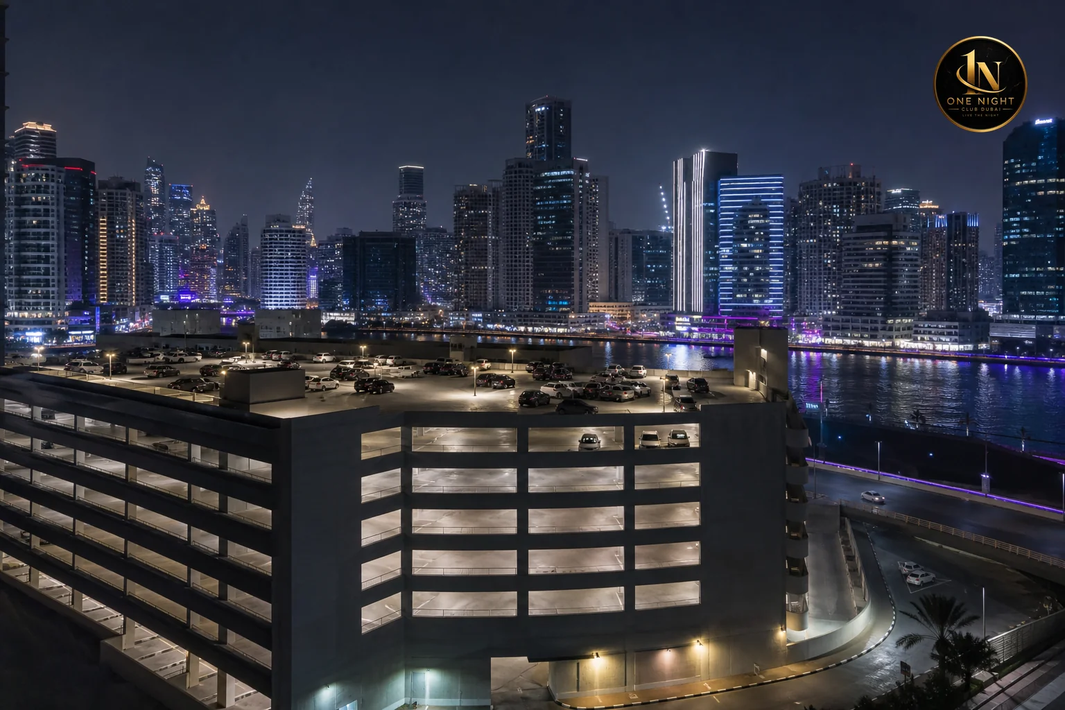 Aerial or street view of a multi-level parking structure near Business Bay at night with cars and city skyline. Photorealistic nighttime photograph of a well-lit multi-level parking garage structure in Business Bay Dubai, rows of parked
