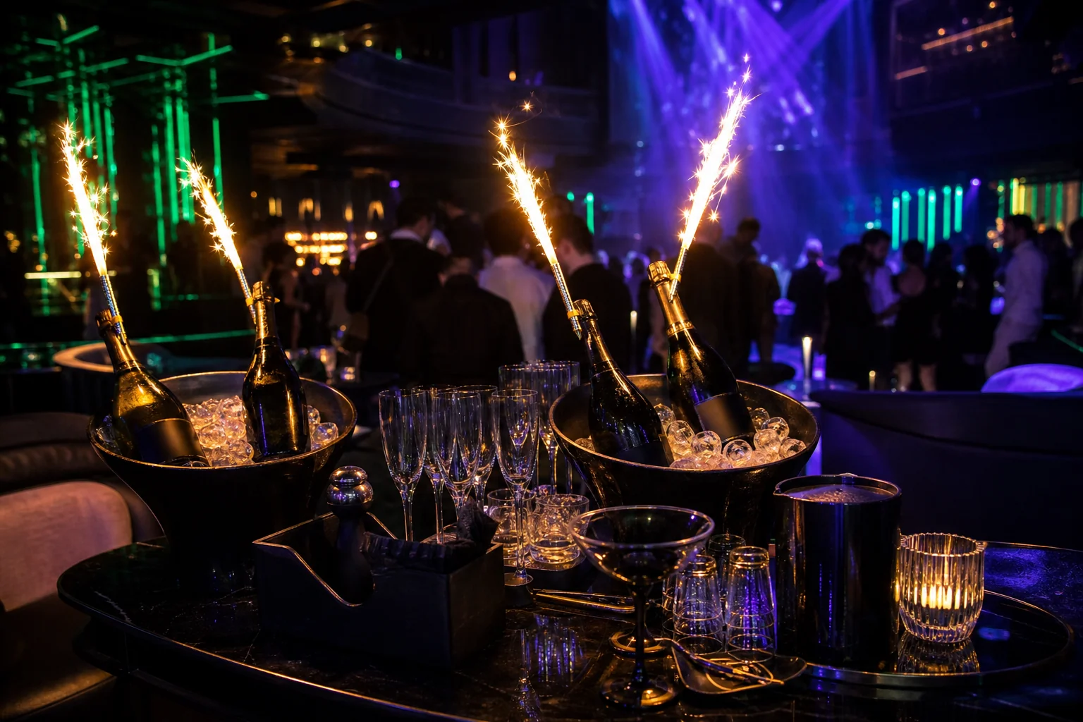 Bottle service presentation at a VIP table with sparklers, showing tiered package concept. Photorealistic photo of a premium bottle service setup on a reserved VIP table in a Dubai nightclub, dark bottles with sparkler candles lit and