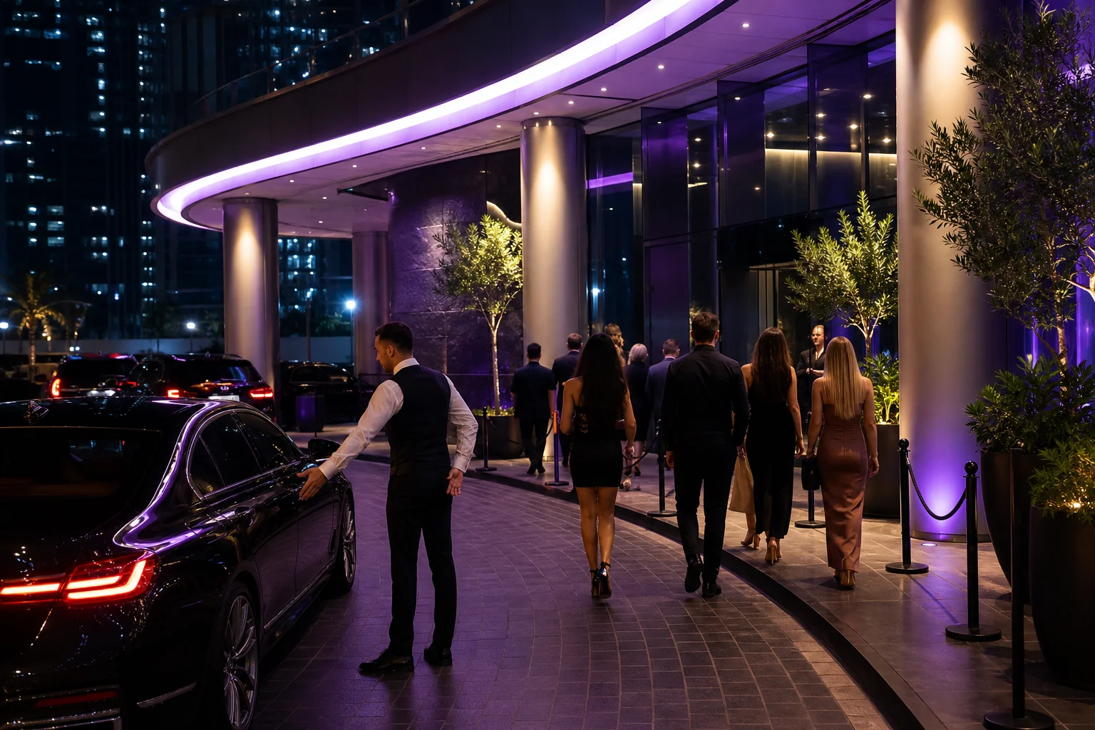 Well-dressed guests arriving at a Dubai nightclub entrance with valet parking service. Photorealistic photo of stylishly dressed guests arriving at a modern nightclub entrance in Business Bay Dubai at night, valet attendant greeting a car