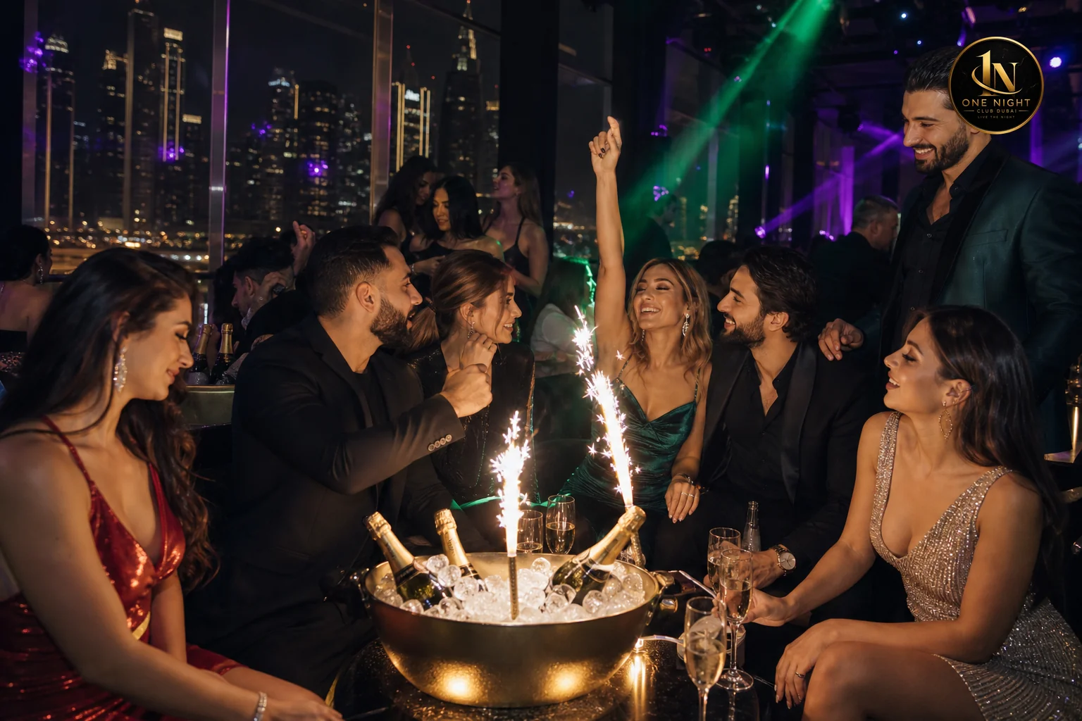 Group of friends celebrating at a VIP table with bottle service in an upscale nightclub setting. Photorealistic photograph of a well-dressed group of friends, men in blazers and women in glamorous cocktail dresses, celebrating around a VIP