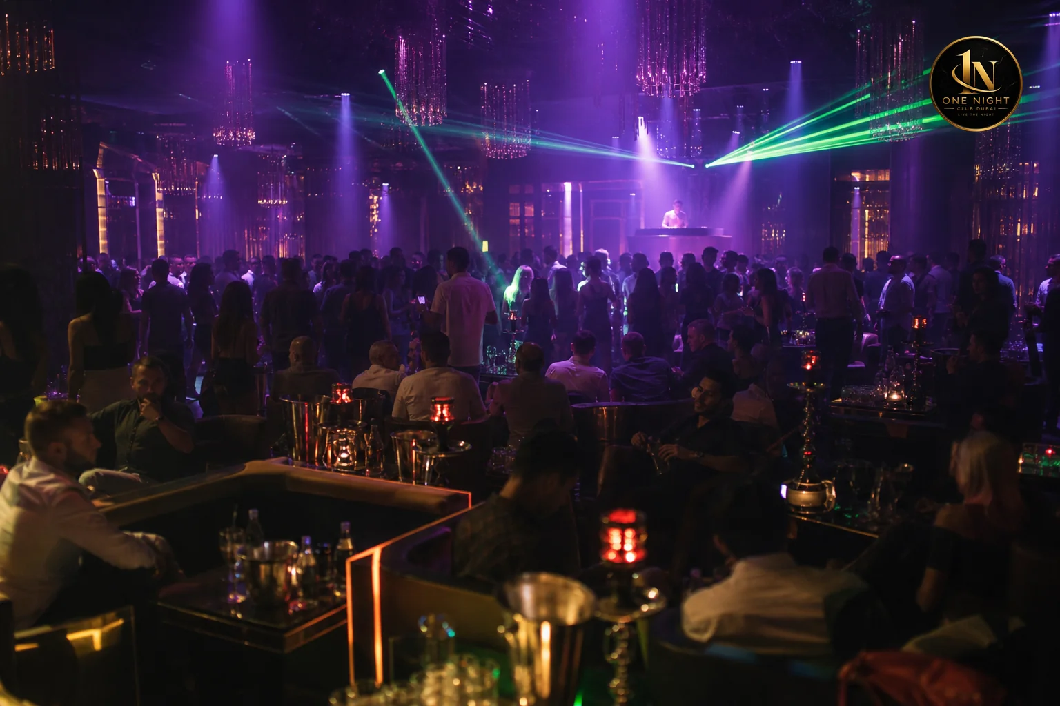 Busy weekend nightclub scene with multiple VIP tables and shisha pipes lit up. Photorealistic wide shot of a packed Dubai nightclub on a weekend night, multiple VIP tables each with their own shisha pipes glowing, guests silhouetted against