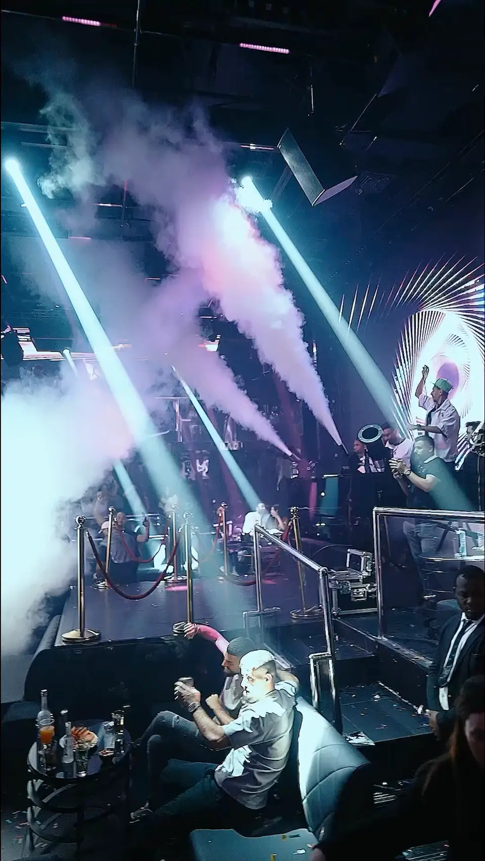 Smoke jets above the tiered seating